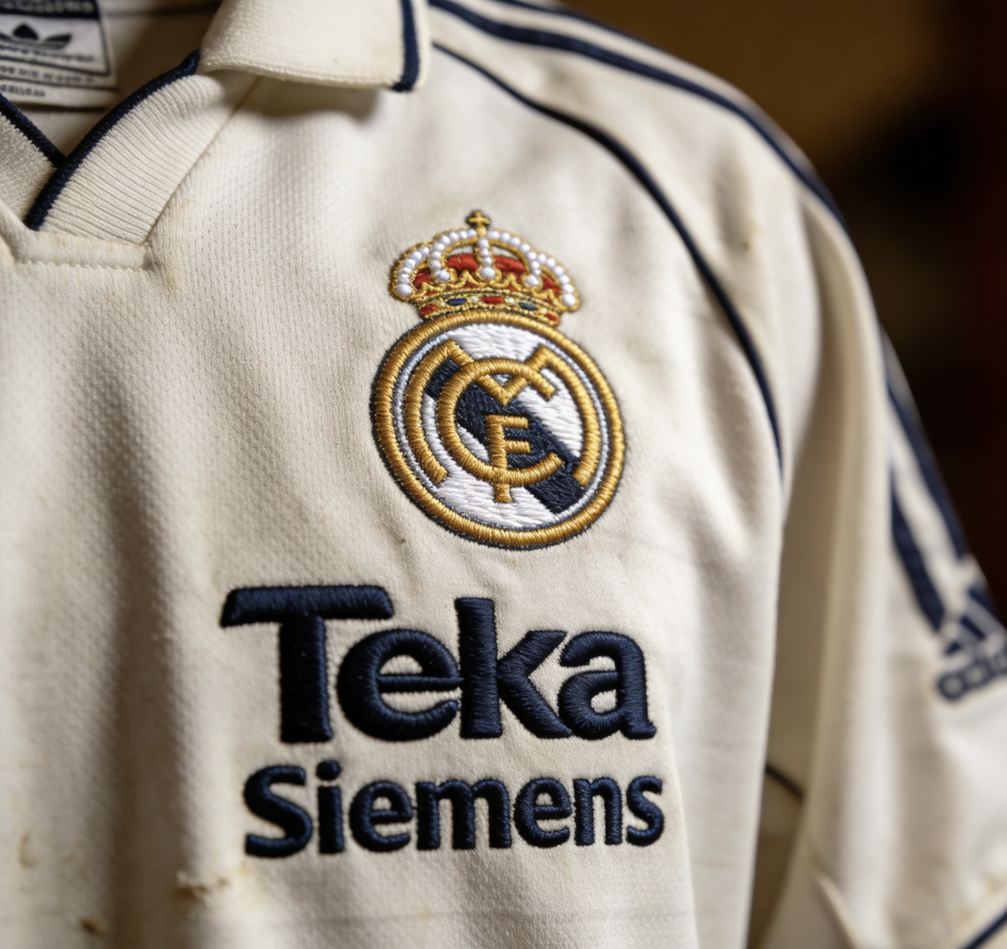 Close-up detail of a vintage Real Madrid retro jersey crest